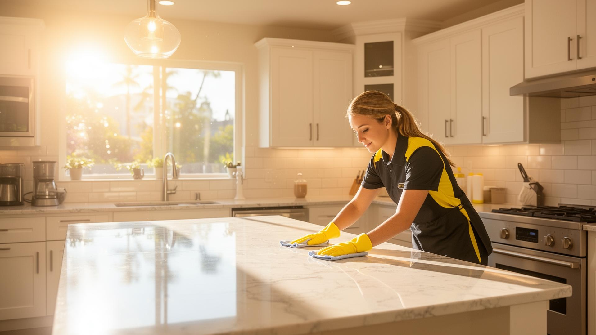 Professional San Diego cleaner polishing a sparkling kitchen counter